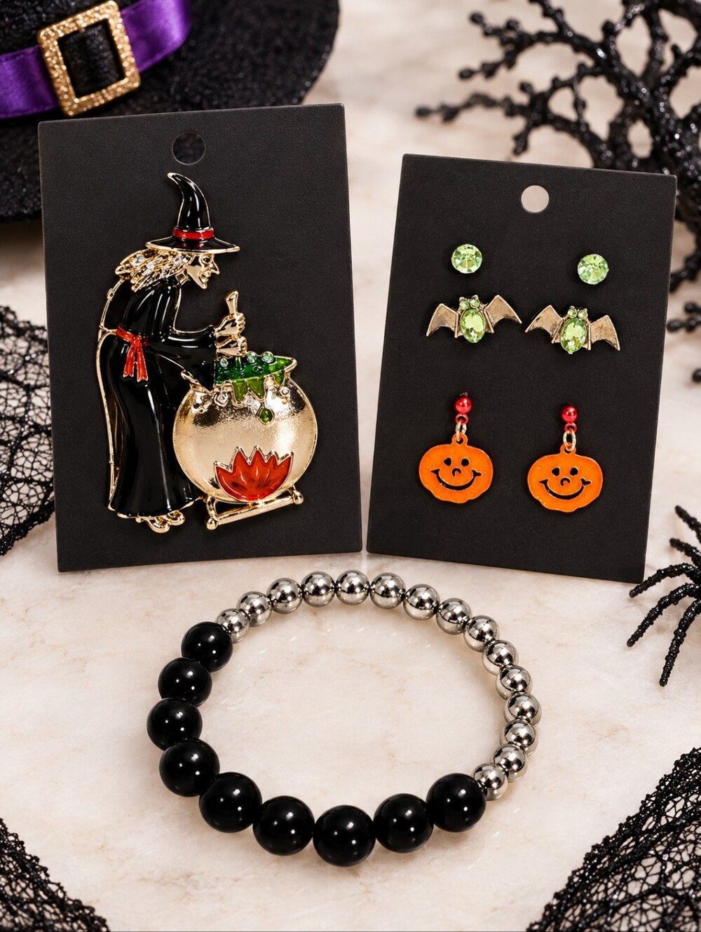 Halloween Witch Brooch Jewelry Set in Silver, Black, Orange & Green